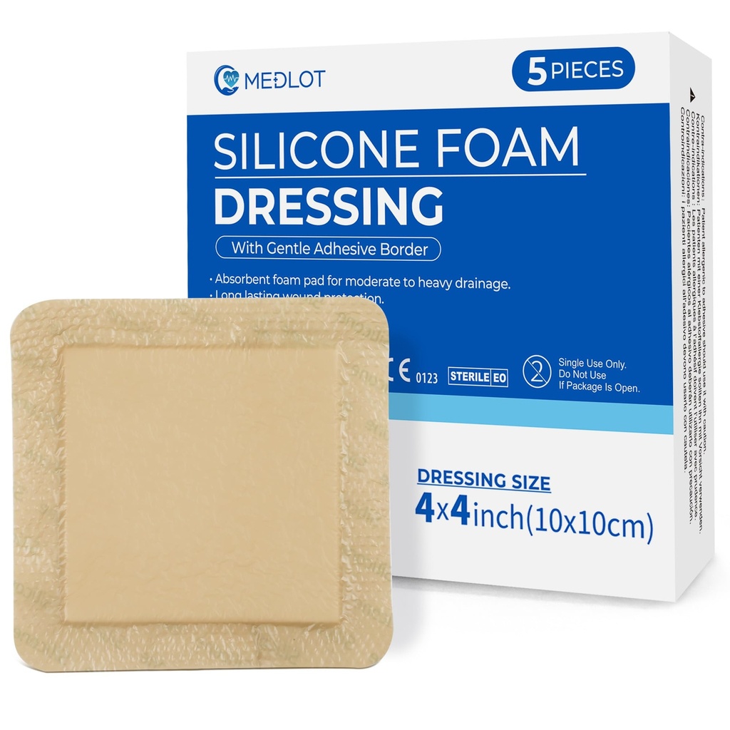 LotFancy Silikon Köpük Giyinme, 4"x 4" (2.5)x2.5" Pad), 5 Kont, steril Sınırlı Yapıştırıcı Yara Giyme, Bed Sores, Leg Ulcers Yara Bakımı Bandage, Highly Absorbent, Su geçirmez