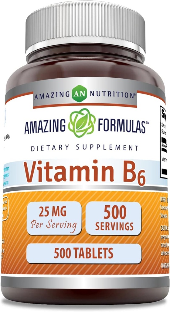 Amazing Formulas Vitamin B6 (Pyridoksie) 25 Mg Supplement | Tabletler | Non-GMO | Gluten-Free | Made in USA (1 Pack | 500) Count)