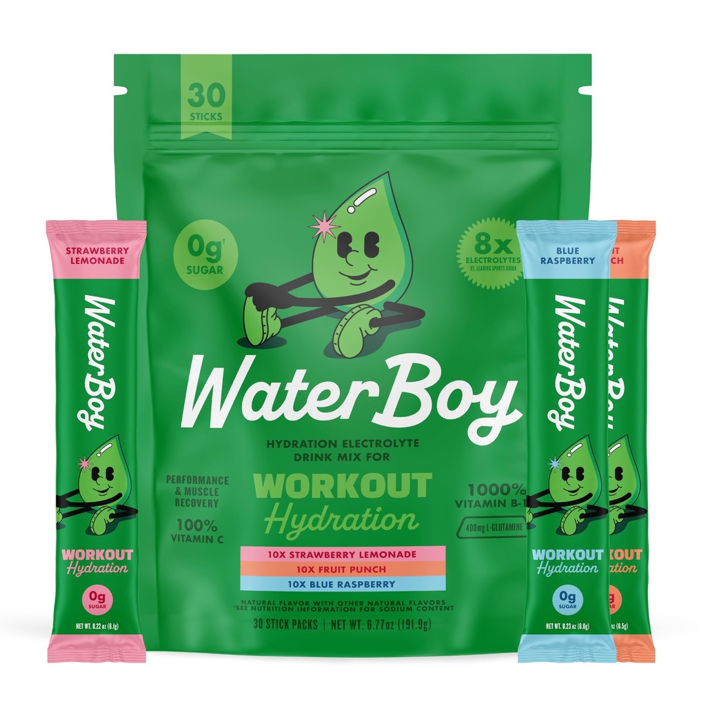 Waterboy Workout Hydration | 2,960mg Sugar Free Electrolyte Toz Paketleri | L-Glutamine + Vitaminler | No Sugar, All Natural, Gluten Free (Variety)