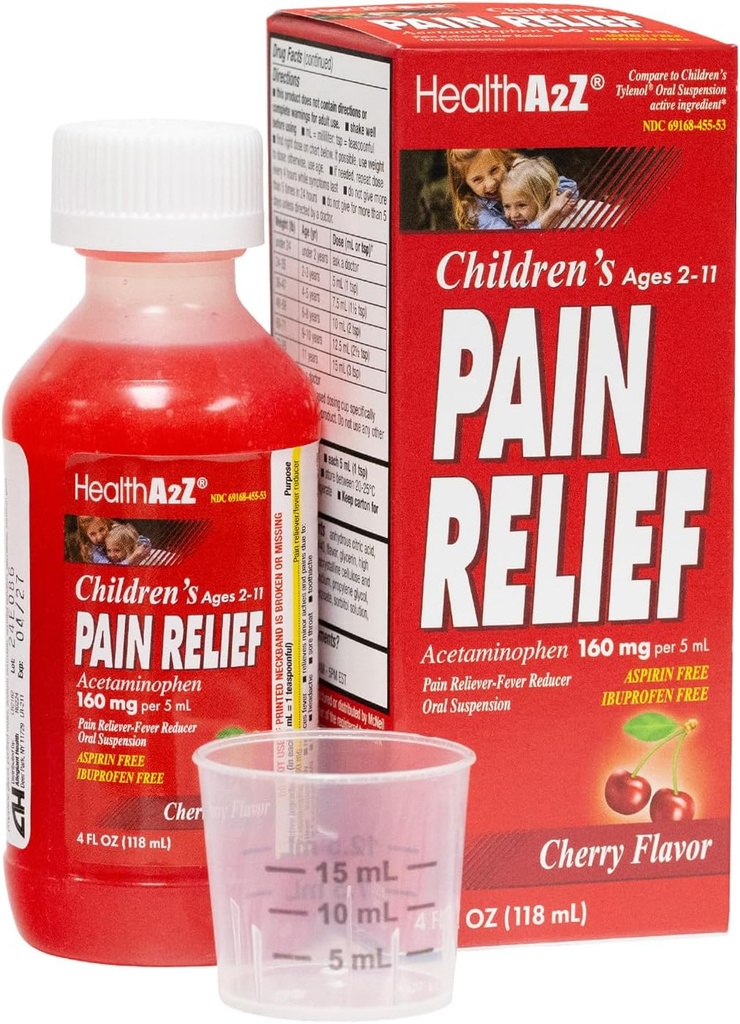 HealthA2Z® Çocuk Ağrısı Yardımı | Acetaminophen 160 mg (5mL) | 2-11 | Cherry Flavor | Pain Reliever - Ateş Tanımlama - Oral Suspension | aspirin ve Ibuprofen Free | 4FL Oz (118 mL)
