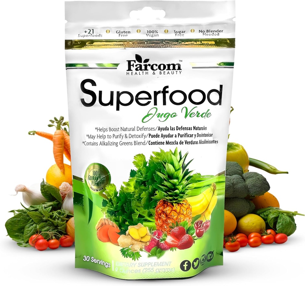 Superfood Green Juice Toz – 21 Süper Yeşiller, Adaptogens, Prebiyotikler, Probiyotikler, Antioksis – Detox, Enerji ve Immune Support Supplement – Vegan, Gluten-Free