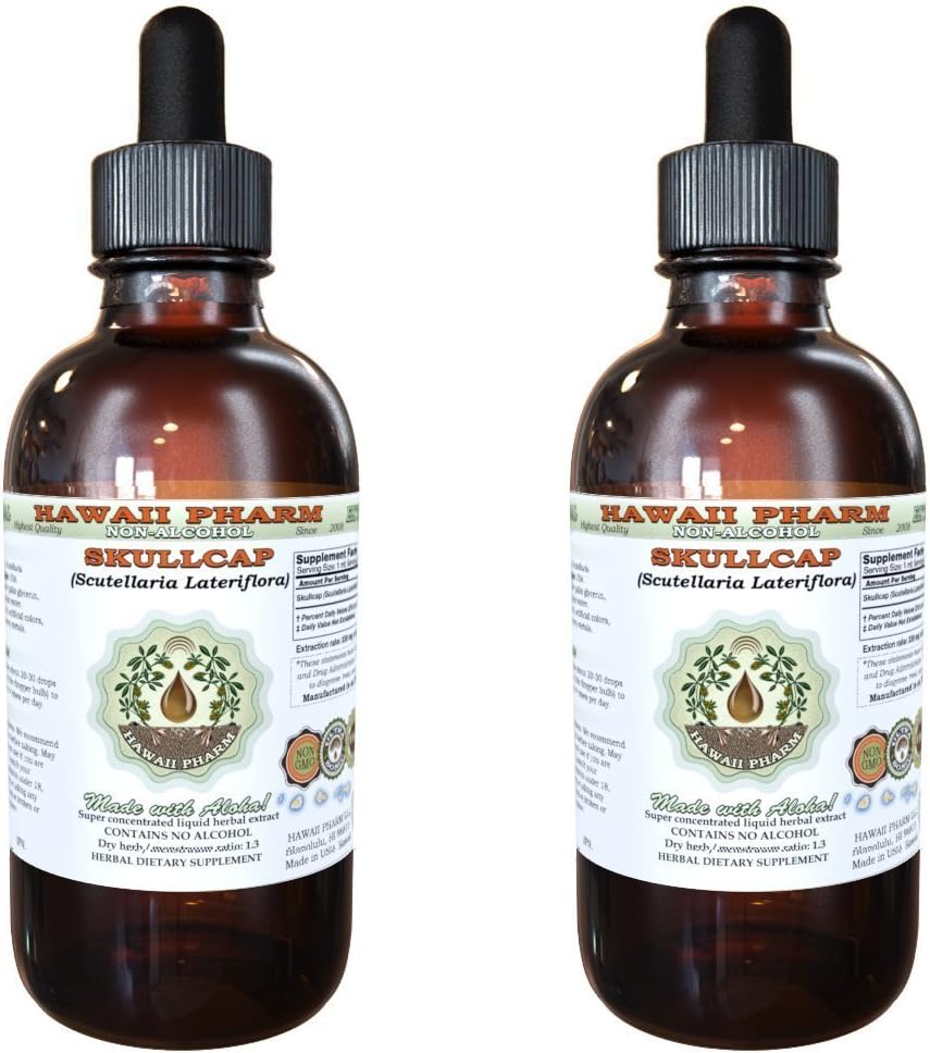 Skullcap Alkol Özgür Sıvı Ekstraksiyon, Organik Skullcap (Scutellaria lateriflora) Herb Glycerite Natural Herbal Supplement, Hawaii Pharm, USA 2x4 fl.oz