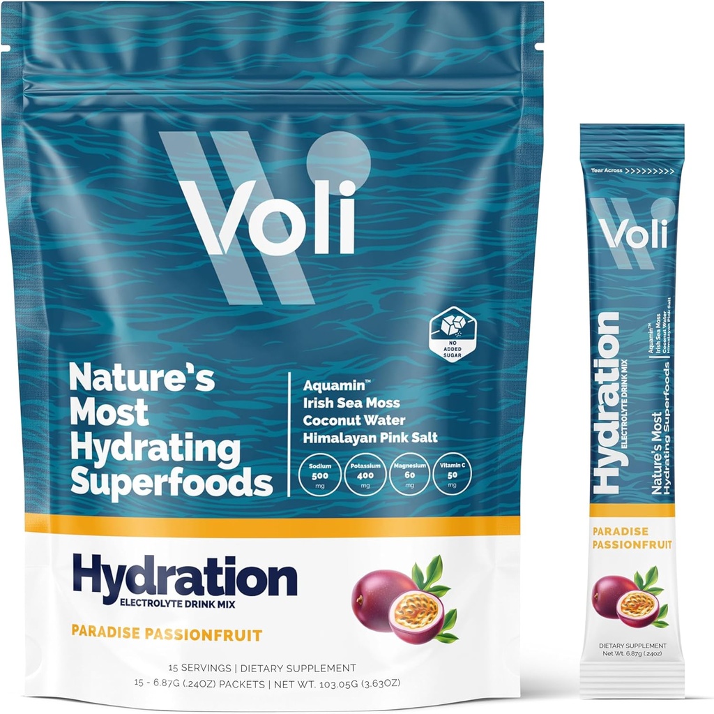 Voli Electrolytes Toz Paketleri | No eklenmiş Sugar Electrolyte Drink Mix for Hydration | Keto & Fasting Friendly, Natural Superfoods & Minerals | Passionfur, 15Count