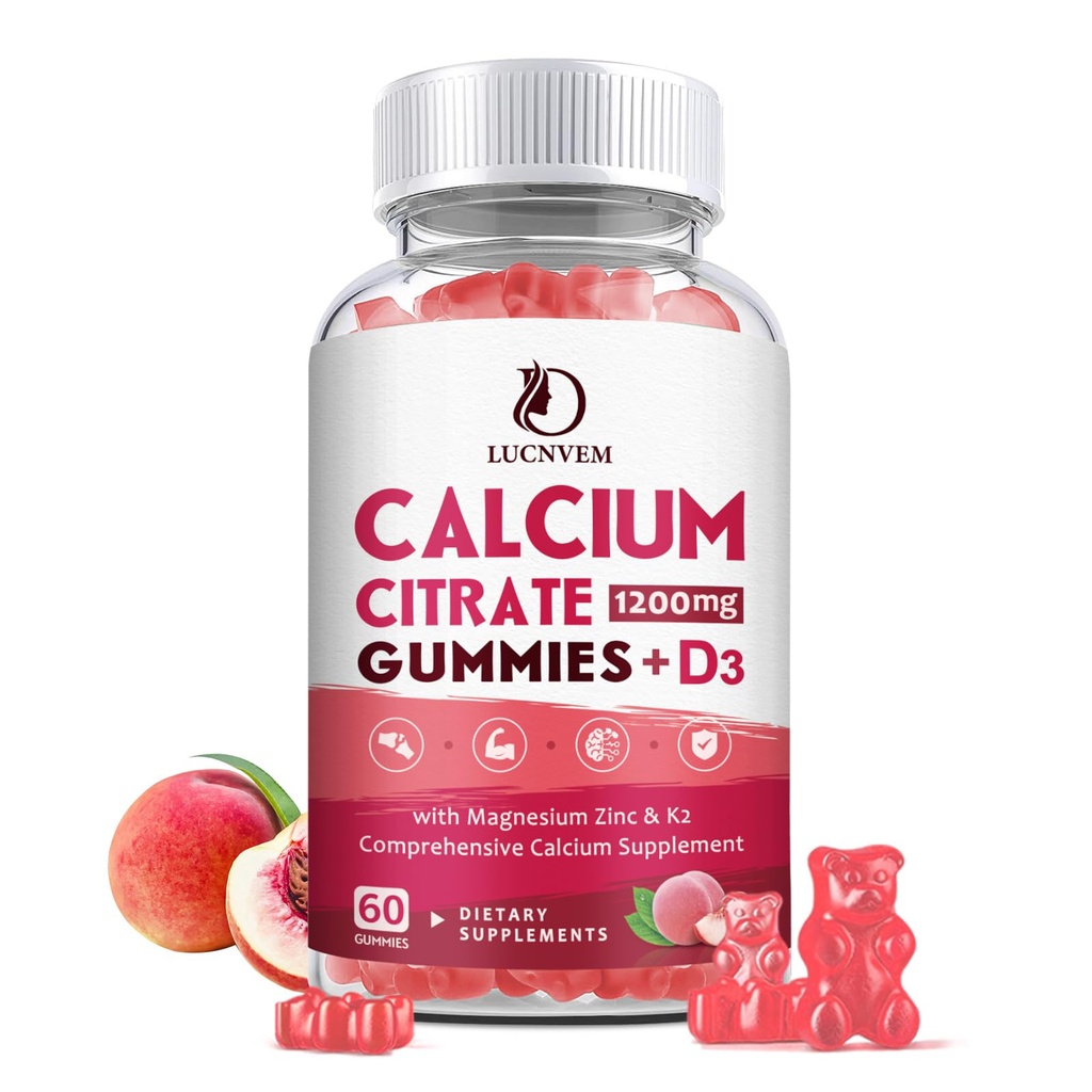 Calcium Citrate 1200mg with Vitamin D3 Gummies, Calcium Gummies with Vitamin D3 for Women & Men, Cal Magnesium Zinc for Bone Muscle Healthy- Natural White Peach Flavor- 30 Day Supply