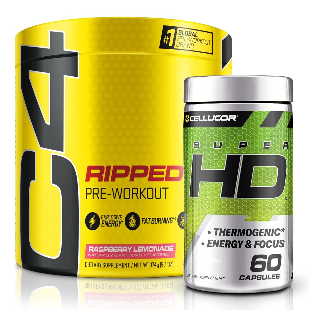 C4 Ripped & SuperHD, The Thermogenic Sche, C4 Ripped Pre Workout Toz, Raspberry Lemonade 30 Capsimax ve Green Tea Extract ile + SuperHD, 60 Servisler