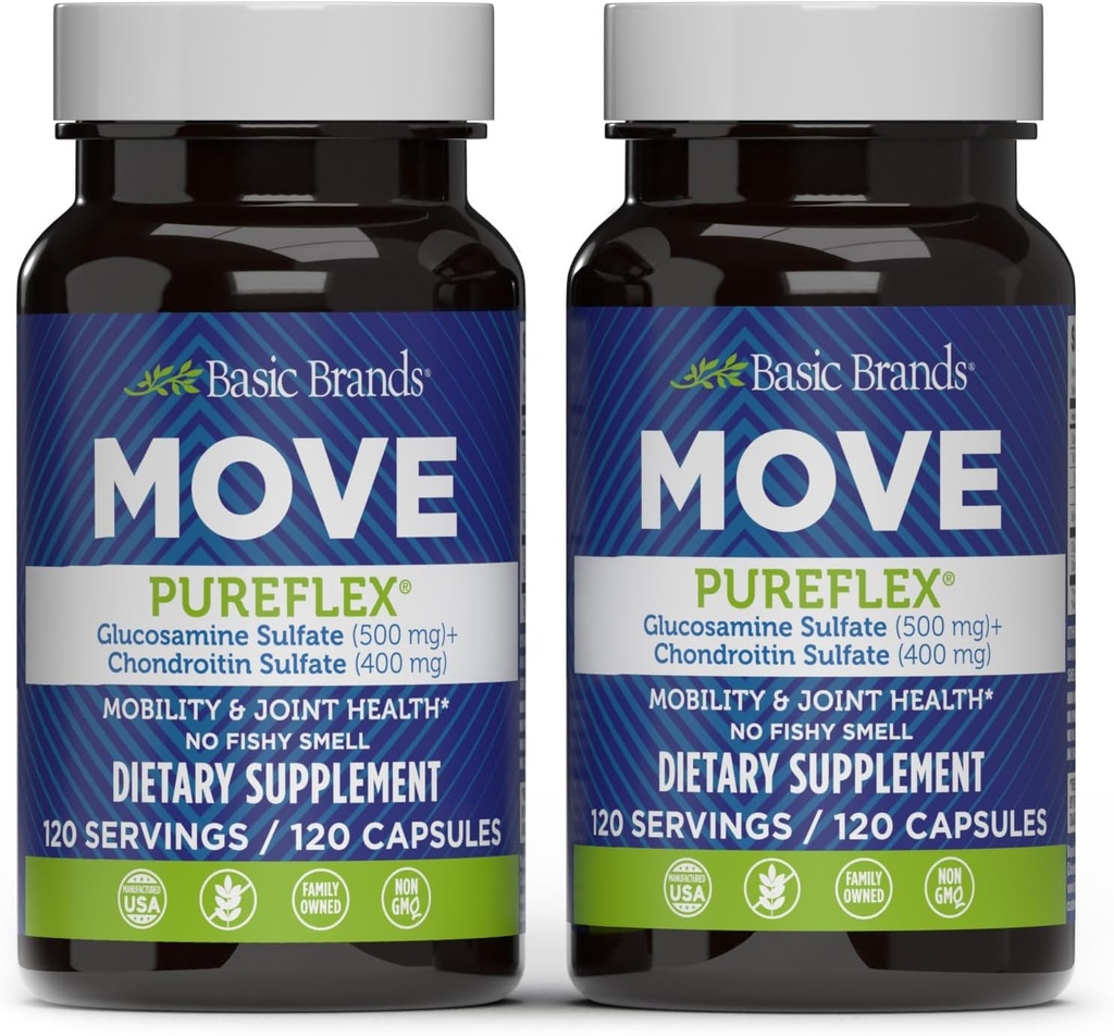 Basic Brands - Move Pureflex Glucosamine Chondroitin - Joint Support Supplement for Flexibility & Mobility - 120 Capsules - 2-Pack | Joint Support Supplement, Flexibility & Mobility