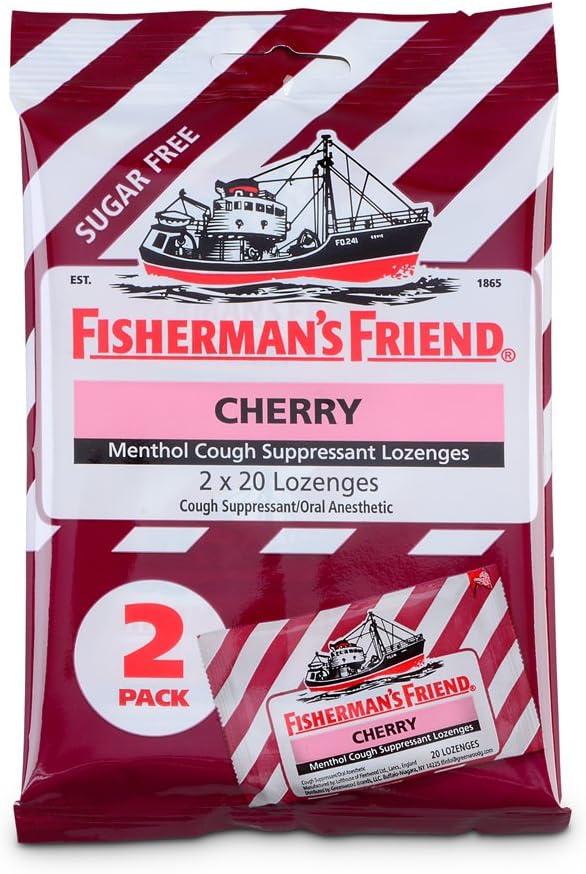 Fisherman'ın arkadaşı tarafından damlatılır, Cough Suppressant ve Sore Throat Lozenges, Cherry Sugar Free Menthol Flavor, 40