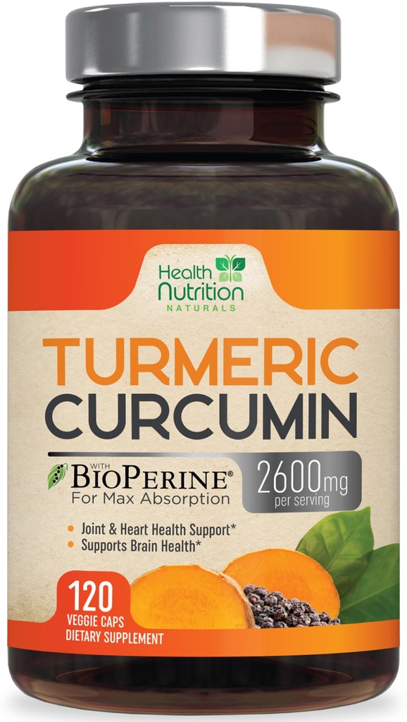 Turmeric Curcumin Supplement 2600 mg -% 95 Curcuminoids with Organic Turmeric & BioPerine Black Pepper for Best Abpole, Nature's Vegan Ortak Destek, ABD'de Şişelenmiş - 120 Capsules