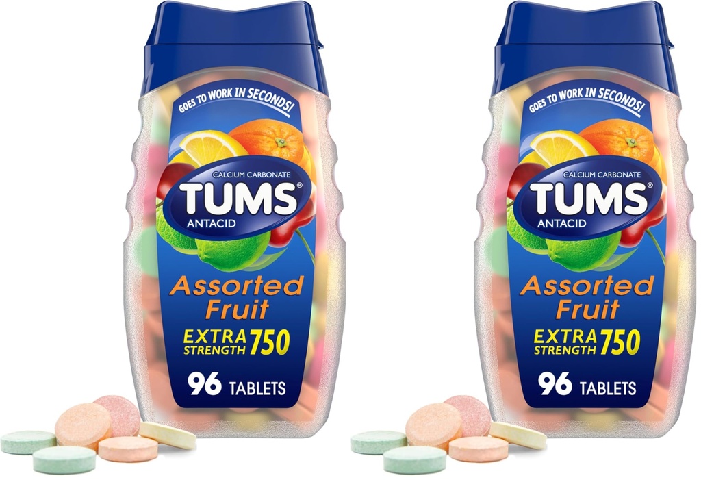 TUMS Extra Strength Antacid Tabletleri Chewable Heartburn Relief ve Acid Indigestion Relief, Assorted Fruit Flavors - 96 Count (Pack of 2)
