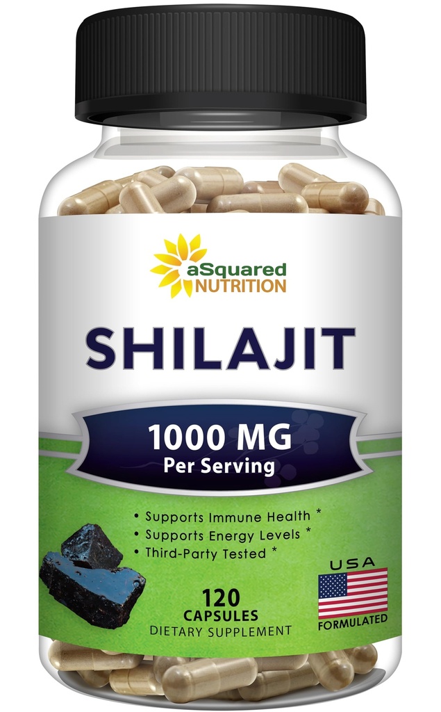 ASquared Beslenme Shilajit 1000 mg - 120 Capsules - Pure Shilajit Ekstraksiyon Tamam ve Toz Kompleksi - Doğal Humic & Fulvic Acid & Trace Minerals - Alternatif To Wear & Drops