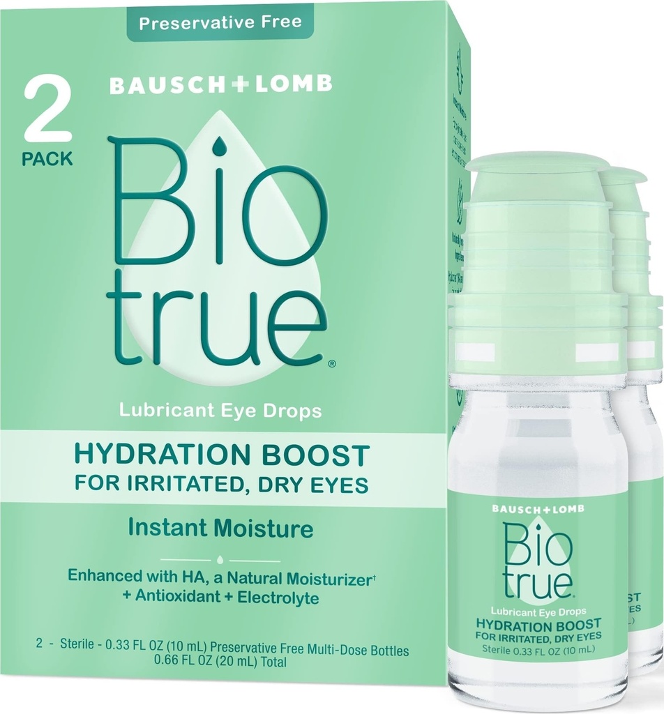 BioReal Hydration Boost, Preservative-Free Eye Drops for Kuru Eyes, Instantly Moisturizes, Rehidrats, Contact Lens Friendly, Rene & Relieve Eye Irritation, 0.33 FL Oz (Pack of 2)