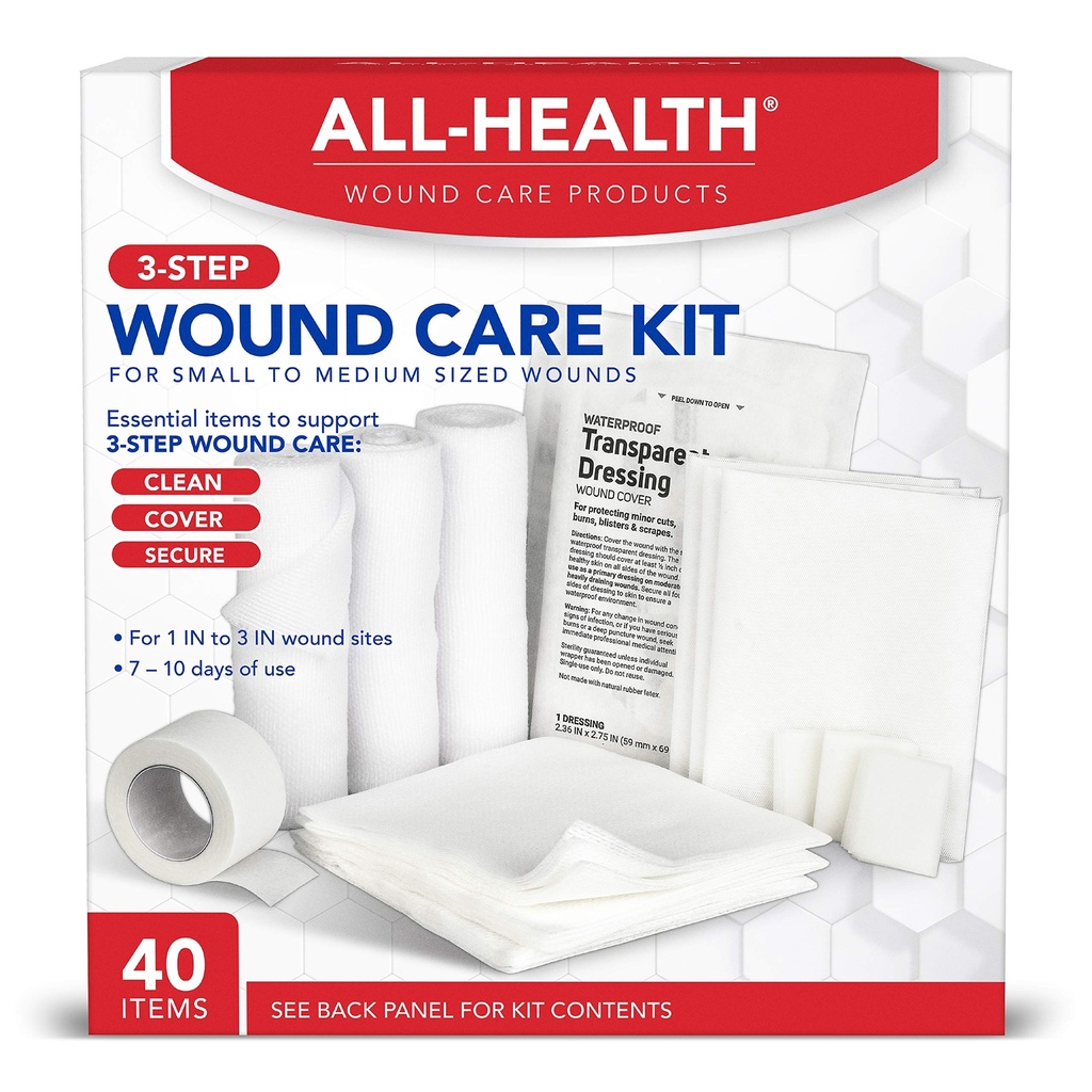 All Health Wound Care Kit & First Aid Kit, Everyday Essentials, 40 Pieces | For Small to Medium Sized Wounds, Professional Use for Car, Home, Camping, Hiking and More.