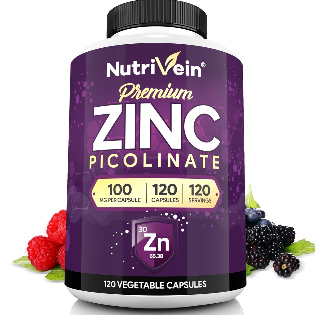 Nutrivein Premium Çinko 100 mg - Yetişkinler için 120 Capsules: High-Ab Metabolik Kristal Piolinate Supplements - Essential Nourishment for General Wellness - Max Bioavailability