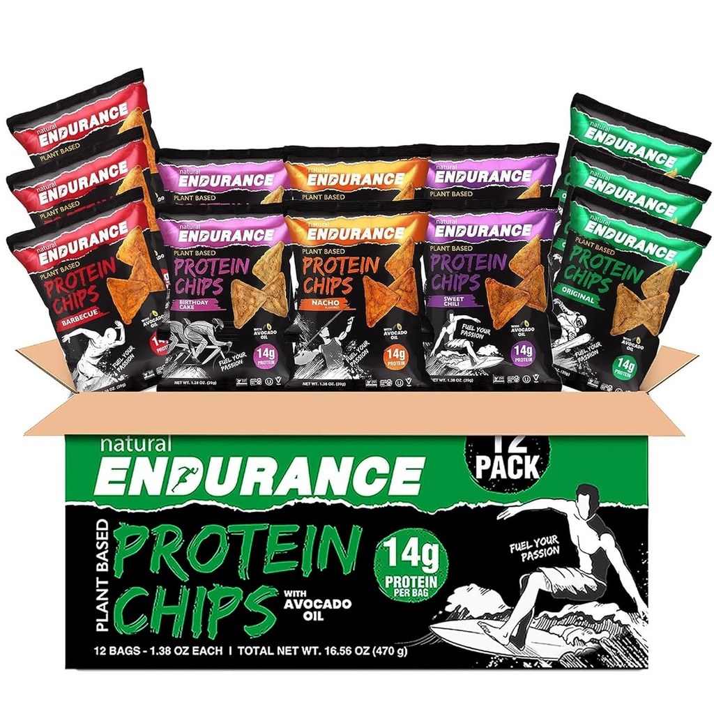 Doğal Endurance Protein Chips - Low Carb Chips, Yüksek Protein Snack, Aokado Yağı ile Vegan Protein, 14g Protein Per Bag, Gluten Free, Nacho, Barbekü, Chili, doğum pastası, Original - Çeşitli Paket, 1.38 oz Çantası (Brook