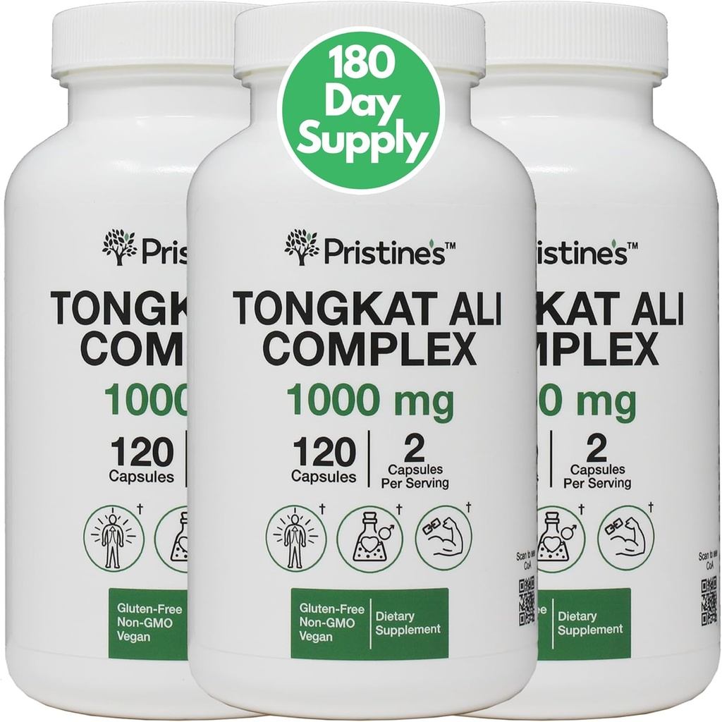 PRISTINE'S Tongkat Ali 1000 mg 180 Day Supply (3 Pack) - Athletic Performance Support - Lean Mass Muscle Building Herbal Supplement for Men & Women - Vegan, Gluten Free, Non GMOMO