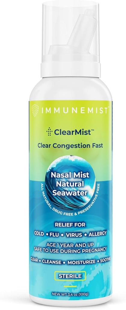 Eklenme Yardımı için ClearMist Natural Seawater Nasal Spray, Hipertonic Saline Nasal Mix için Kuru Nose, Sinus Decongestant Relief for Yetişkinler and Kids Made in İsveç, Safe for Ages 1+