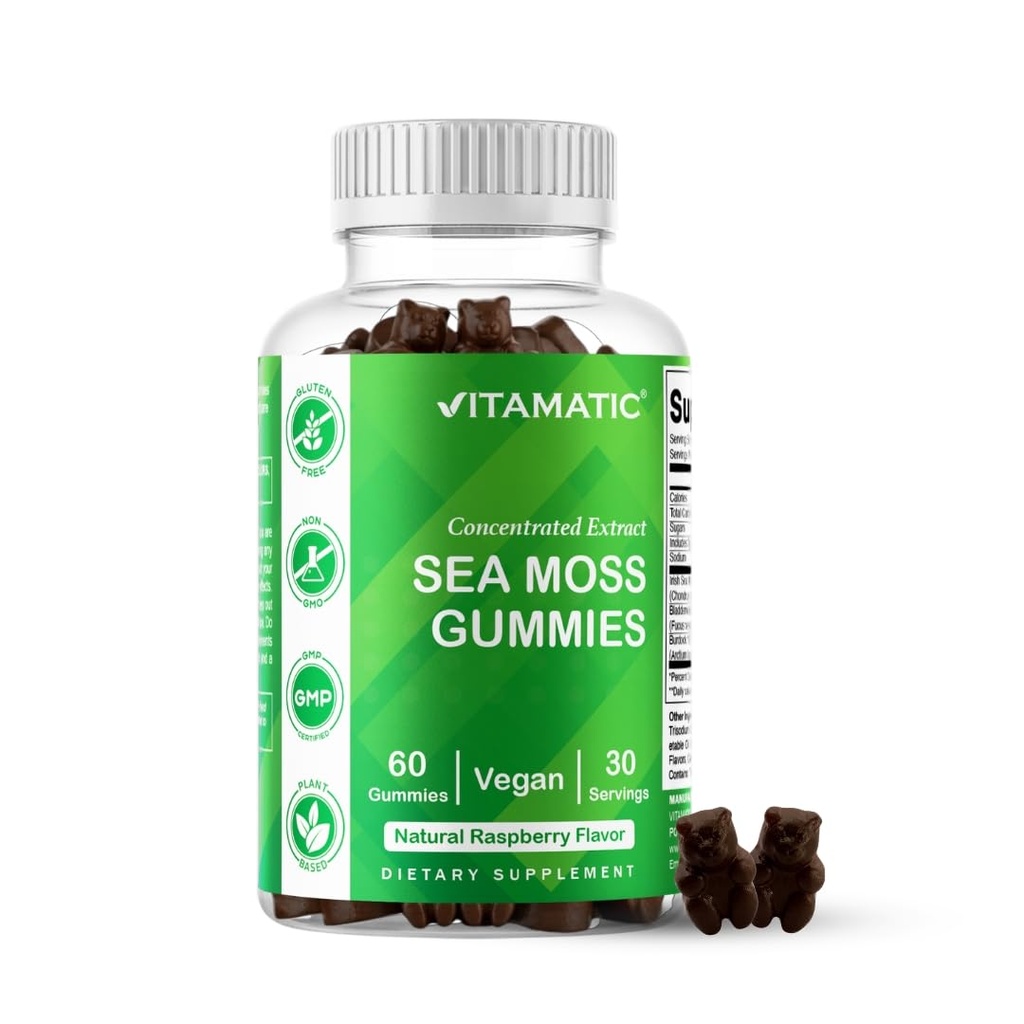 Vitamatic Irish Sea Moss Gummies – 3000 mg Equivalent Per Service (132.5 mg) – 60 Ct Bladderwrack & Burdock Root – Seamoss Supplement for Yourroid, Energy & Immune Support