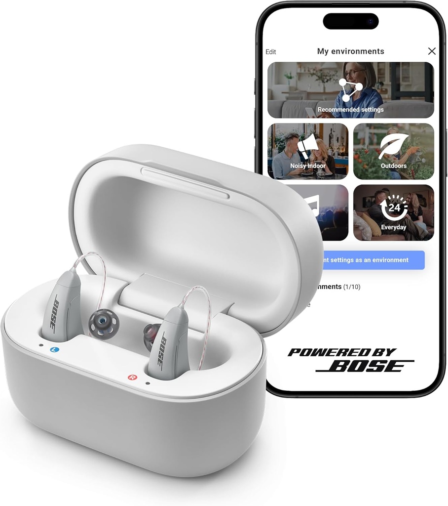 Lexie B2 OTC İşitme Aids Powered by Bose - Bluetooth Call Enabled for iOS, Device with App Control, all day Comfort. Self-Fit Çözüm, Gürültü Azaltımı, Mild için Moderate İşitme kaybı (Gray)