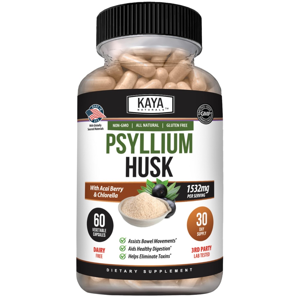 Kaya Naturals Psyllium Husk Capsules - 60 Kont | High Fiber Supplement | Digestive Health & Regularity | Gluten-Free, Non-GMOMO