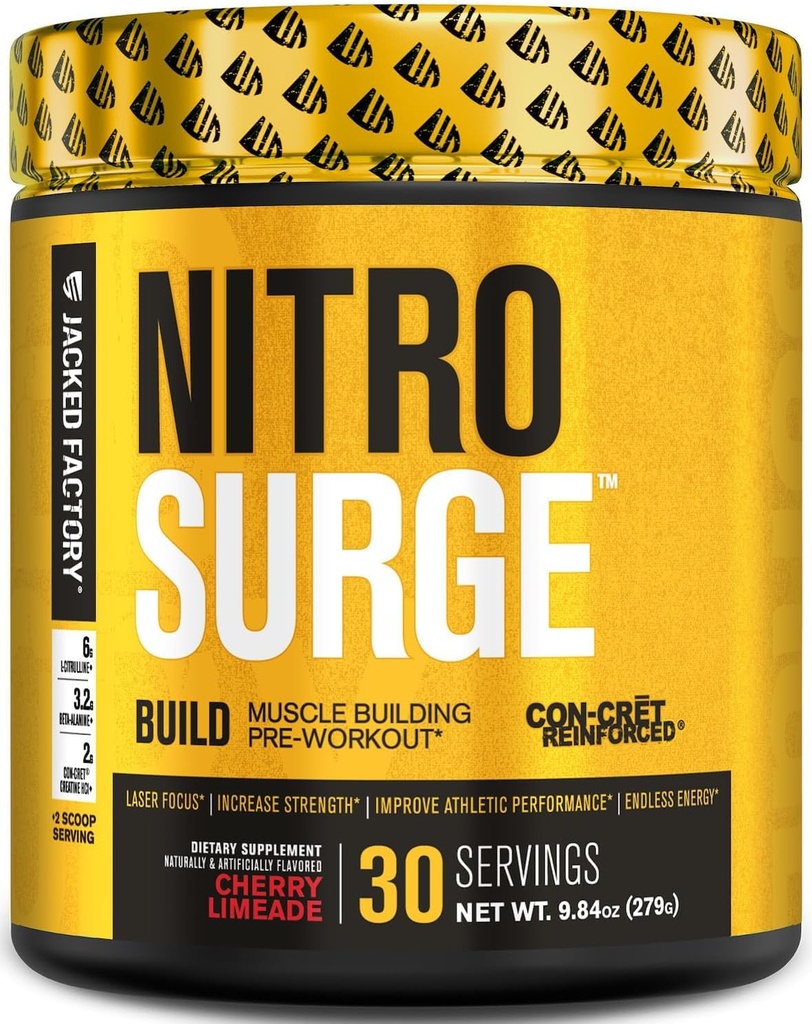 Jacked Factory Nitrosurge Pre Workout with Tina for Muscle Building - Con Cret Toz & elevATP Intense Energy, Güçlü Pumps, Endless Endurance 30 Hizmet, Cherry Limeade