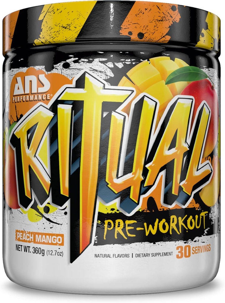 ANS Performance Ritual Pre Workout (30 Servings, 12.7 oz) - Complete Preworkout Formula - Energy, Focus, & Strength - Increase Power Output & Workout Volume - Endurance & Stamina (Peach Mango)