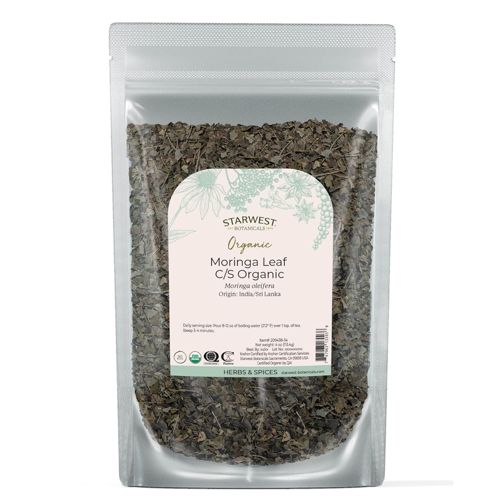Starwest Botaniks Organik Moringa Leaf - Herb for Tea, Capsules, Juices & Smoothies, Natural Source of Antioksis, Cut & Sifted, Certified Kosher, Non GMO - 4 oz Pouch