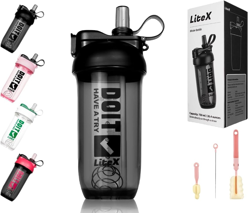 Litex Shaker Bottles for Protein Shakes, 26oz Blender Shaker Bottle for Pre-Workout,Shaker Cups with Straw, BPA-free Tritan Mixer Bottles for Protein Powder,with Cup Brush and Instructions (Black)