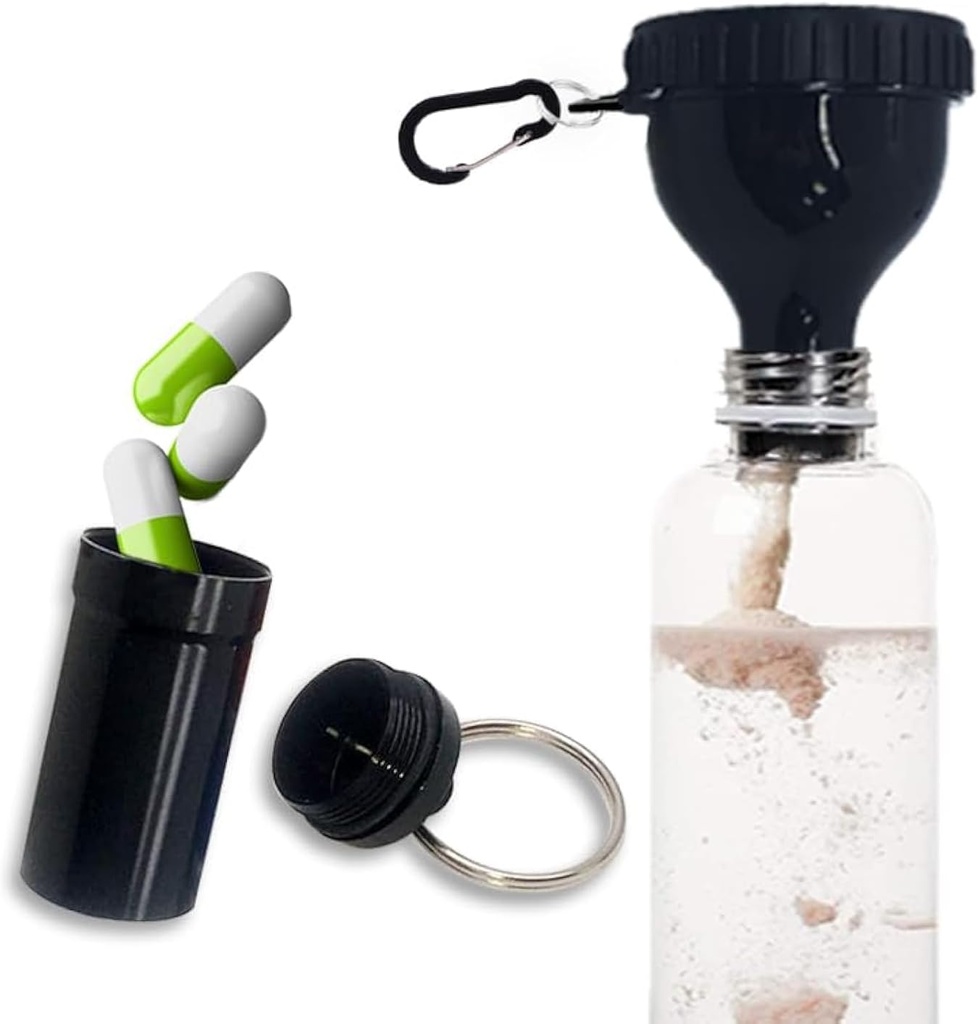 Protein Toz Konteyneri Alüminyum Alloy Mini Pocket Pill Box ve Carabiner Clip Supplement Funnel with Cap for Water Şişe Pre Workout Gym Mini Travel Funnels Shaker Cup