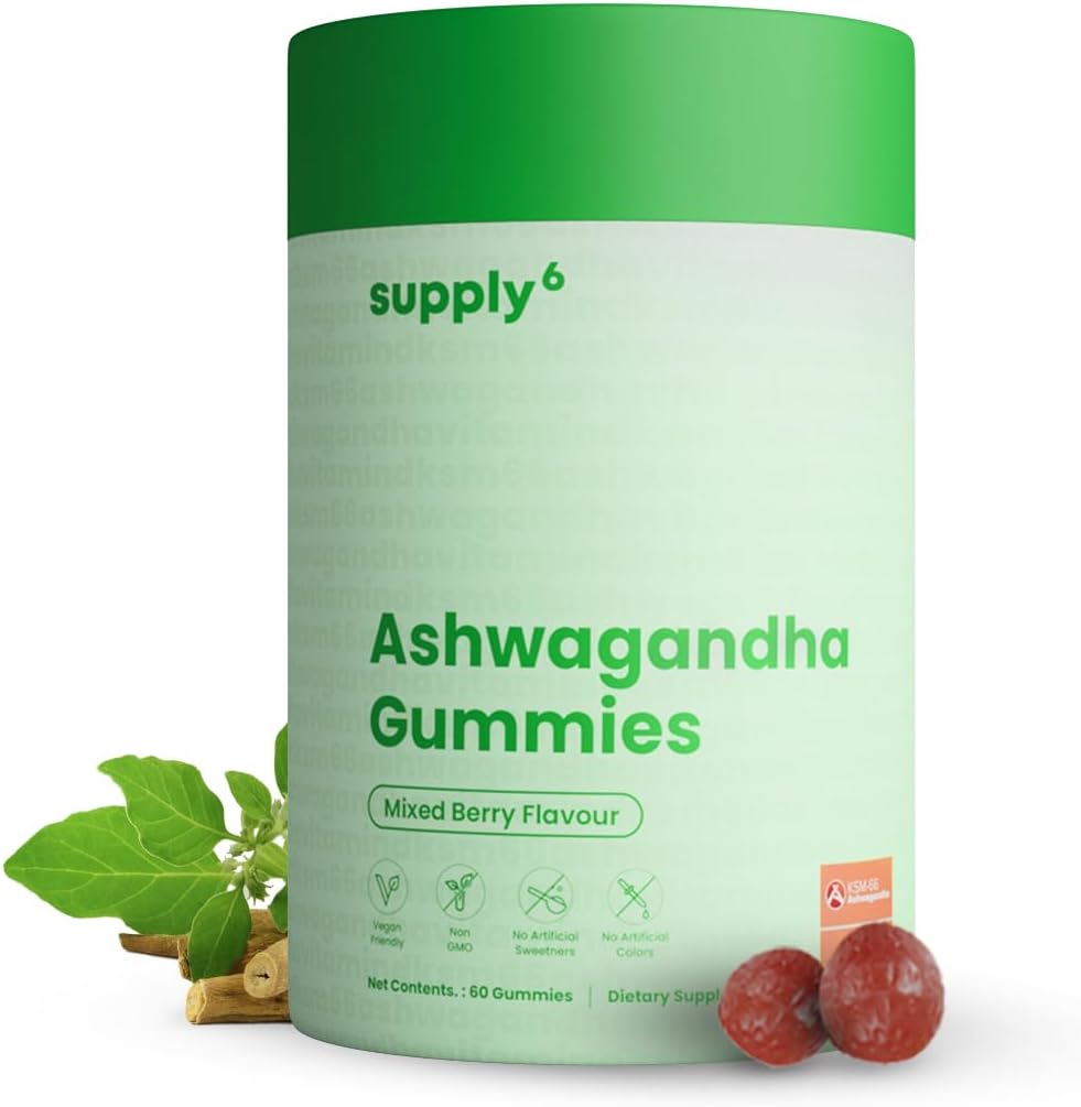 SUPPLY6 KSM-66 Ashwagandha & Vitamin D Gummy - 60 Kont - Karma Berry, KSM-66, Vegan, Plant bazlı, Non-GMO, Gluten-Free & Gelatin Free, for a Happier You, Pack of 1