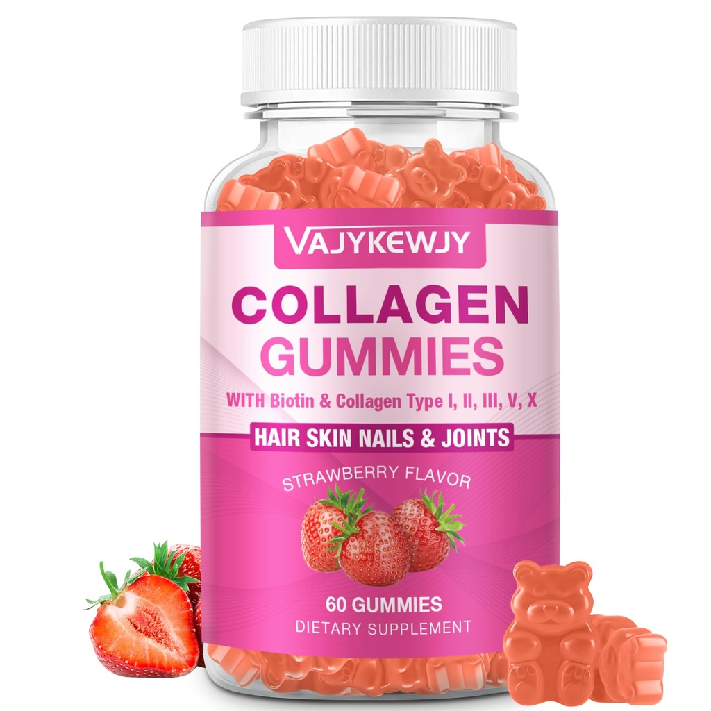 Vegan Collagen Gummies for Women & Men - with Biotin, Vitamin C, & Çinko for Skin Radiance, Saç Büyüme, Güçlü Nails, & Ortak Destek, 60 Sayı