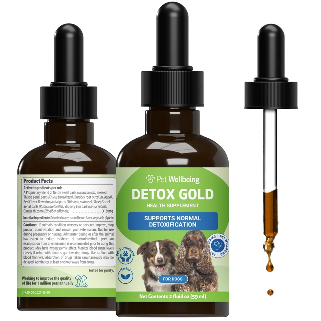 Pet Wellence Detox Gold for Dogs - Gentle Detoxification & Elimination Support, Immune System Care, Nettle, Butle, Burdock Kök - Veterinarian-Formated Herbal Supplement 2 oz (59 ml)