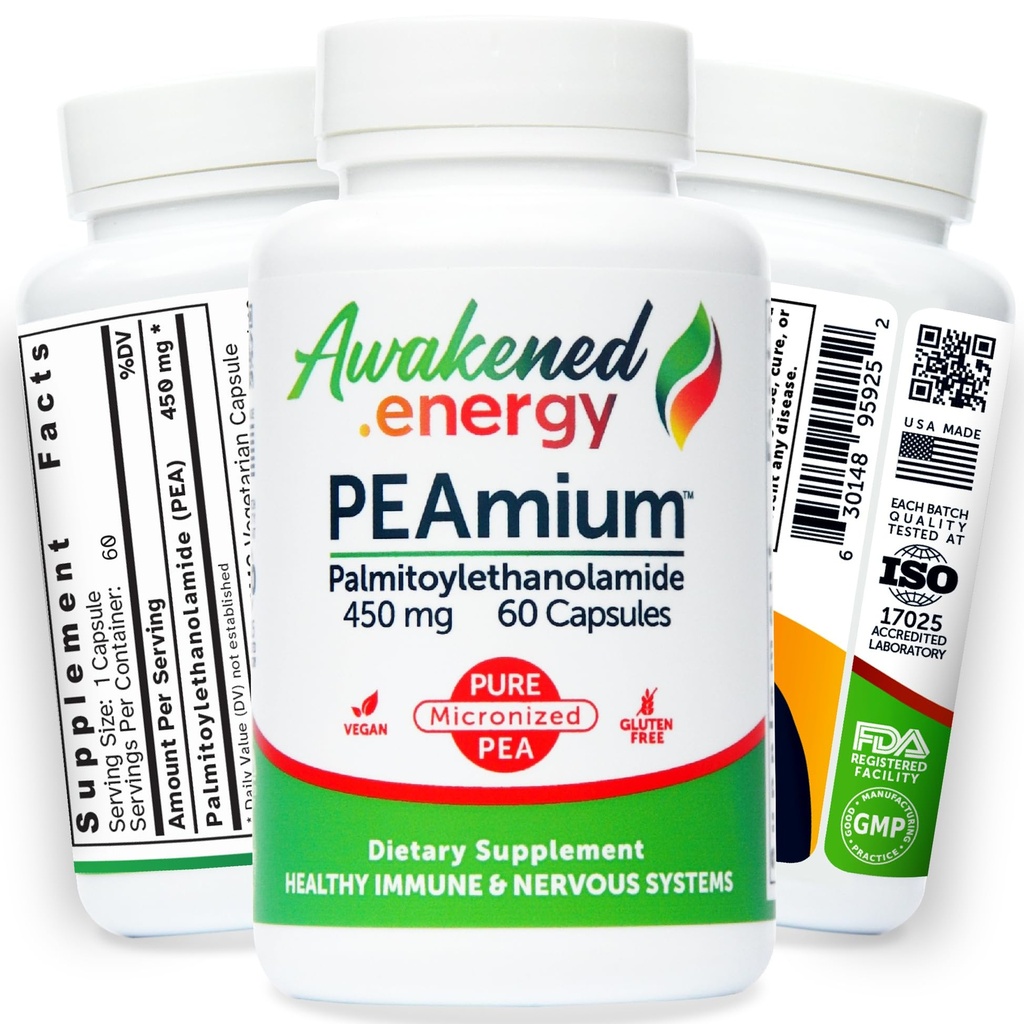 Palmitoyl emailamid 450 mg Comfort Mobility Nerves Cognitive & Immune Support - Micronized High Abors - All Natural Pea - USA Made - Nomixs or Excipients - 60 Vegan Capsules Supplement & Immune Support - Micronized High Abors - All Natural Pea - USA Made - No quotations or Excipients - 60 Vegan Capsules Supplement