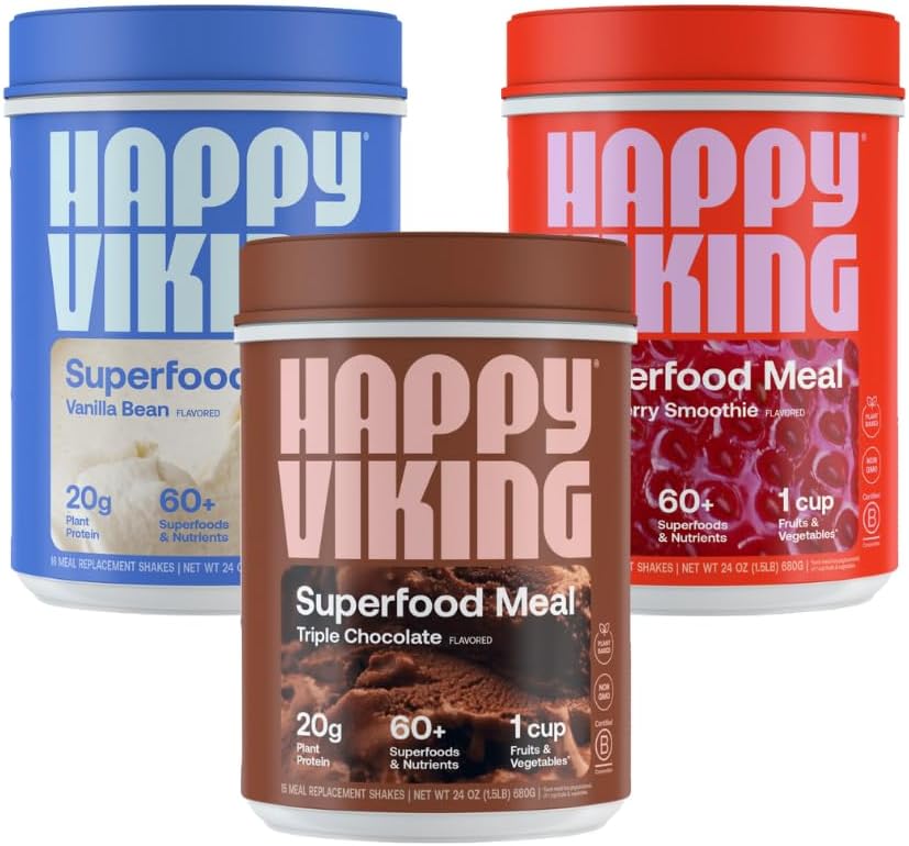 Mutlu Viking Çikolatası, Vanilla ve Strawberry Toz, Venüs Williams, 20G proteini, Low Carb, Keto, Vegan, Gluten-Free, Superfoods, Complete Meal Change, 3 Canisters (24 oz. Her biri)