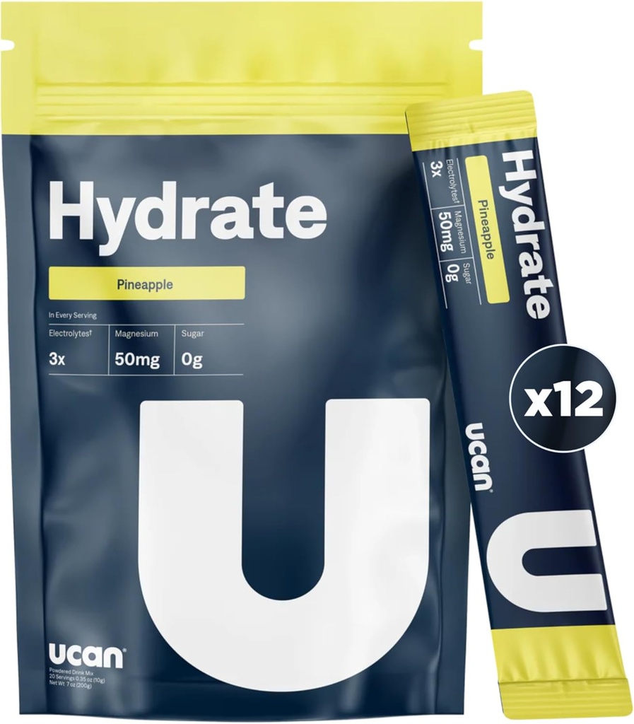 UCAN Hydrate Electrolyte Drink Mix (Pineapple, 12 Stickpacks) Sugar-Free, Keto-Friendly, Vegan, Non-GMO, Gluten-Free Electrolyte Toz with P properties & Magnezyum for Highlands & Athletes