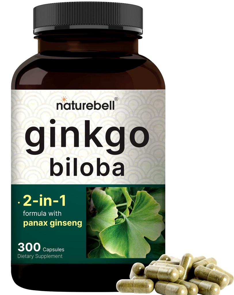 NatureBell Ginkgo Biloba 6.000mg ile Panax 640 500 mg Oda başına | 300 Capsules – Max Strength Ginko Biloba Ekstralar - Memory, Focus ve Brain Health