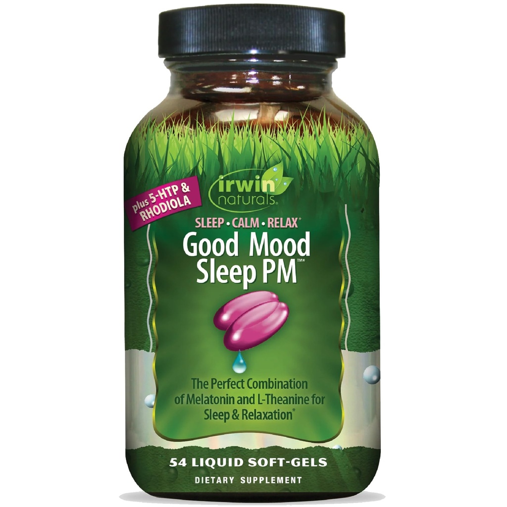 Irwin Naturals Good Mood Sleep PM - 54 Liquid Softgels - Melatonin ve L-Theanine for Rest & Relaxation - 18 Total Services