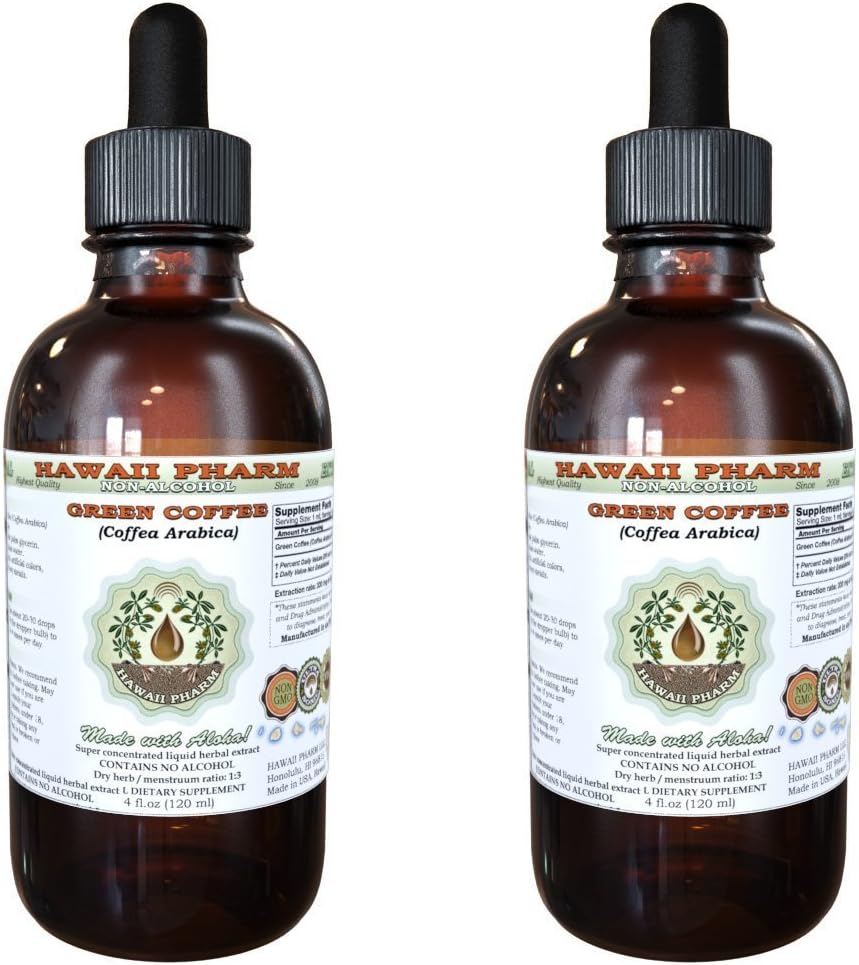 Yeşil Kahve Alkol Özgür Sıvı Ölçeği, Yeşil Kahve (Coffea Arabica) Kuru Bean Glycerite Hawaii Pharm Natural Herbal Supplement 2x2 ozz