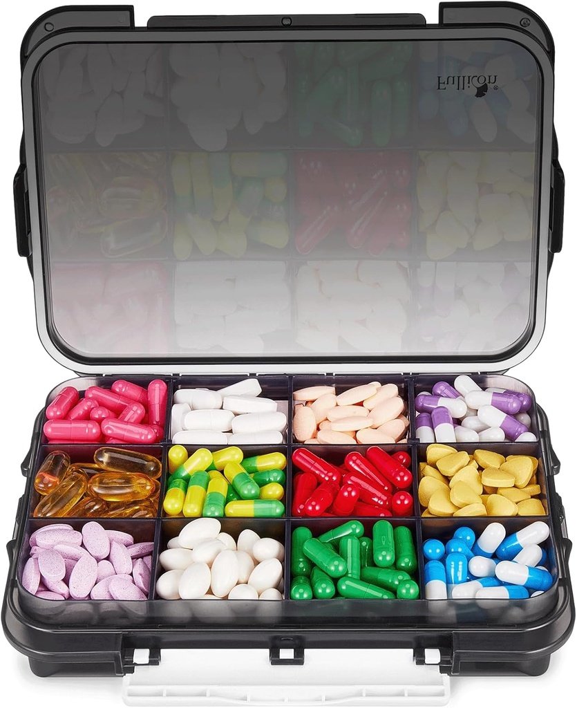 Fullicon Daily Travel Moisture Kanıt Pill Case with 12 Ekstra Büyük Karşılaştırma, Pill Organizer with 3 Secured Buckles, Büyük Tamam Box for Vitamin with Reforce Dividers (Black)