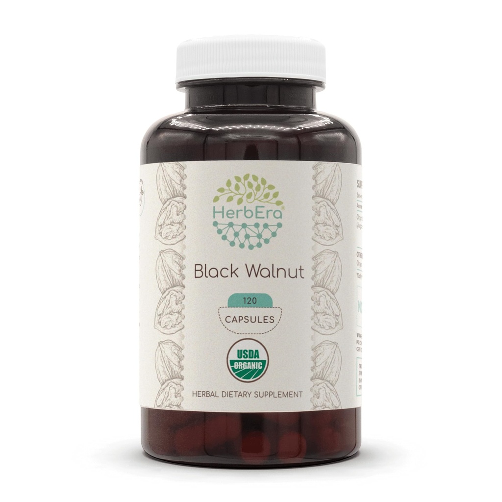 HerbEra Black Walnut USDA Organic 120 Capsules | Natural Herbal Supplement | Sertifikalı Organik Vejetaryen Capsules ve Organik Black Walnut (Juglans Nigra) Hull (120 Capsules)