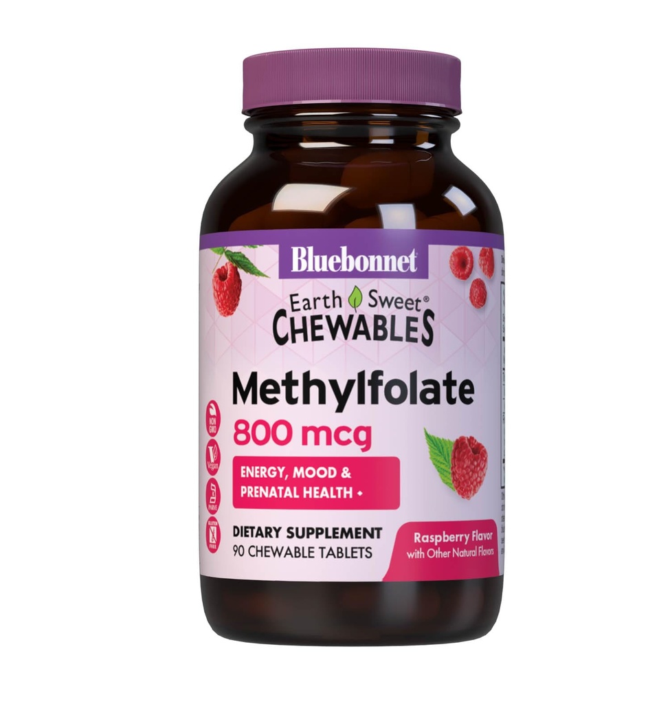 Bluebonnet EarthSweet Torchfolate 800 mcg Cellular Active Coenzyme 5-MTHF L Metil Foate Supplement - Prenatal & Energy Support* - Non-GMO, Vegan, Gluten-Free - Raspberry - 90 Chewable Tabletler