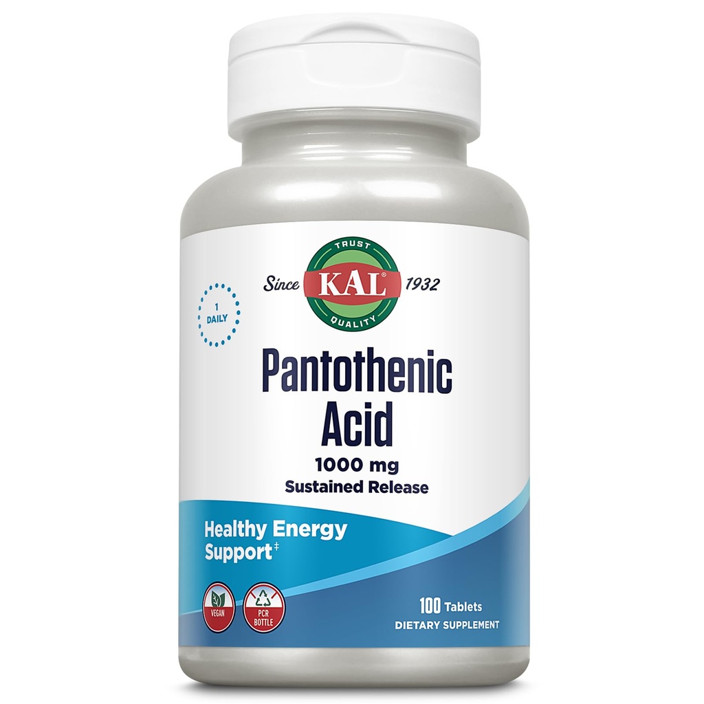 KAL Pantothenic Acid 1000 mg, Sustained Release B5 - Enerji Supplements - Karbs, Fat ve protein, Saç ve Skin Health, Vegan, 60 Günlük Garanti, 100 Hizmet, 100 Tablet