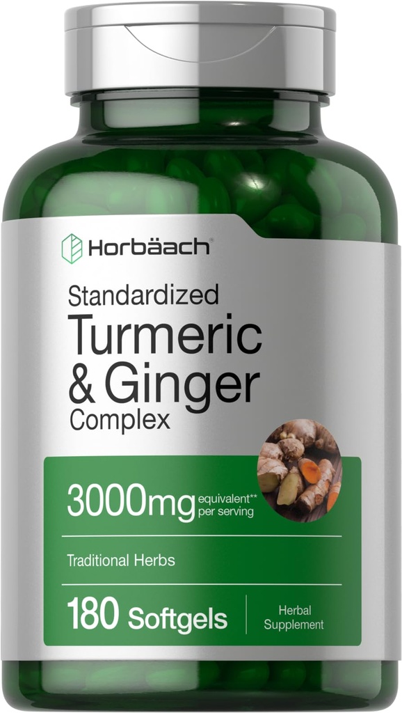 Horbäach Turmeric ve Ginger Supplement | 3000 mg 180 Softgel Pills | Black Pepper Extract | Non-GMO, Gluten Free Supplement Supplement Supplement