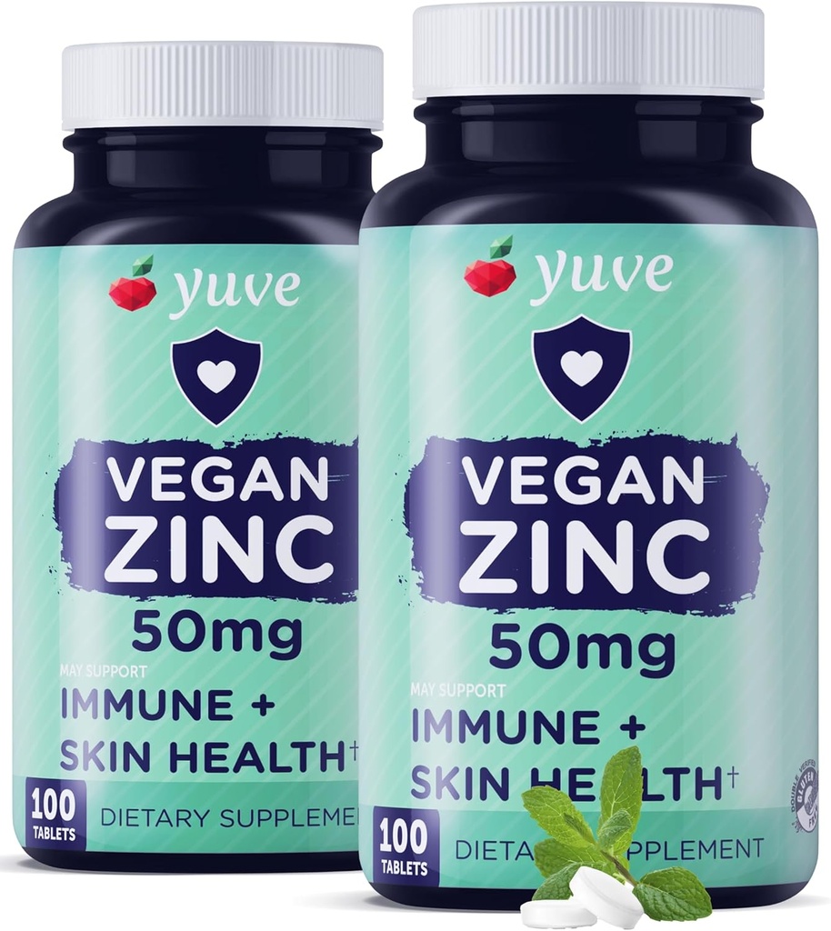 Yuve Natural Çinko Vitaminleri 50 mg, Yüksek Immune Support, Colds and Flu, Acne Free Skin, Sağlıklı Hormon Seviyeleri, Non-GMO, Gluten & Sugar Free - 100 Veg Tabs (2 Pack)