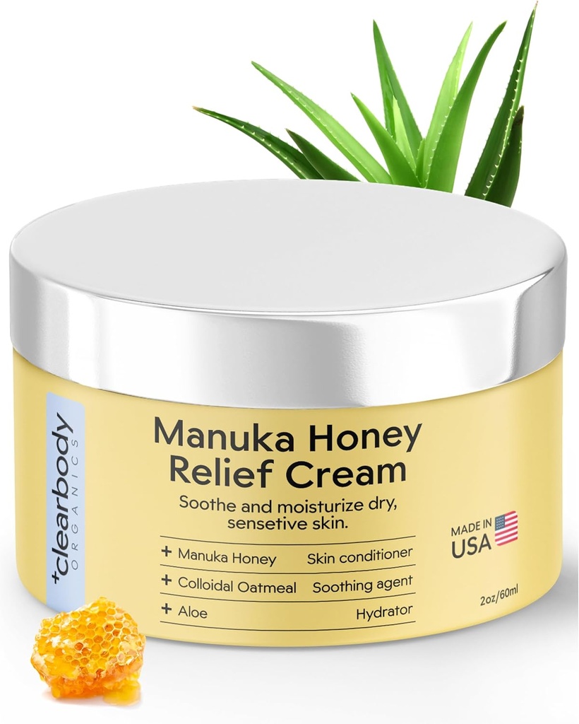 Clearbody Organics Manuka Honey Cream - 2 fl oz, 1 Paket - Soothing Eczema Cream - Koloidal Oatmeal ile Derin Hydration - An Manuka Relief for Kuru, Itchy Skinuka Relief