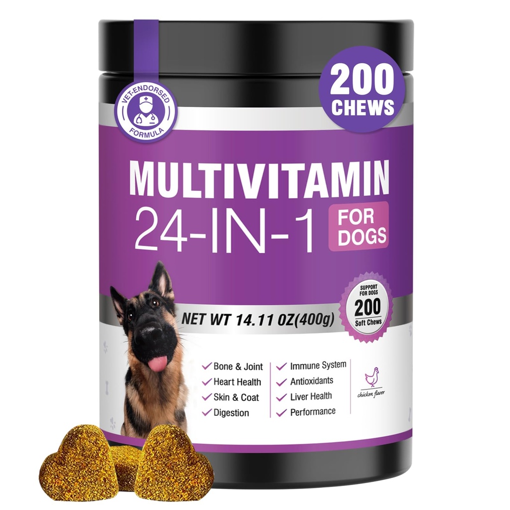 24in-1 Köpek Vitaminleri ve Supplements 200 Ct Köpekleri Multivitamin Chewable Contain Chondroitin Probiyotiks Omega-3 Glucosamine Köpekler için Skin Coat Heart Ortak Gut Liver Brain Eyes Immune Support - Chicken