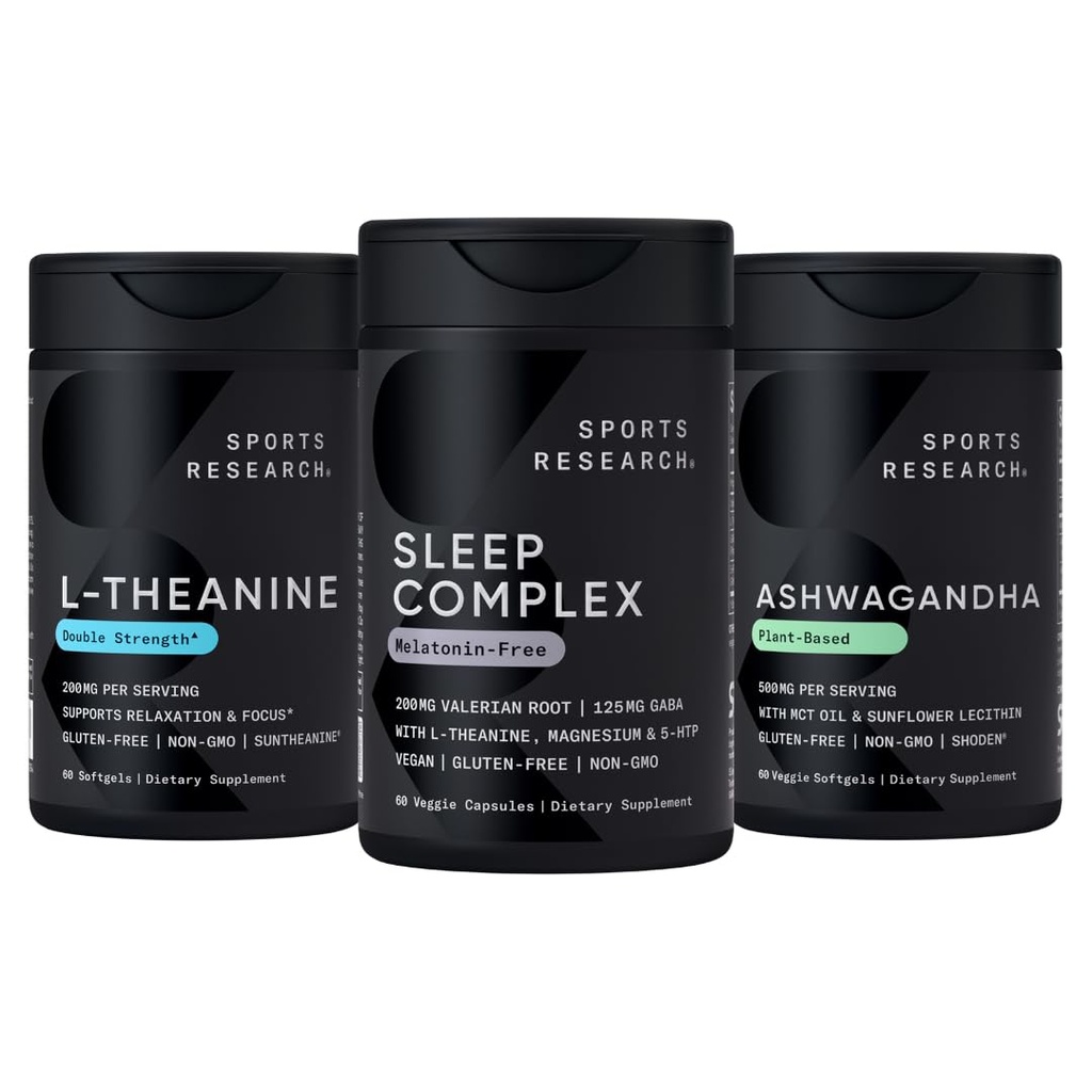 Spor Araştırması Uyku Kompleksi Melatonin-Free Vegan Capsules, Double Strength L-Theanine Supplement for Focus, Relaxation & Alertness and Ashwagandha Softgels for Relaxation, Calm & Sleep Support