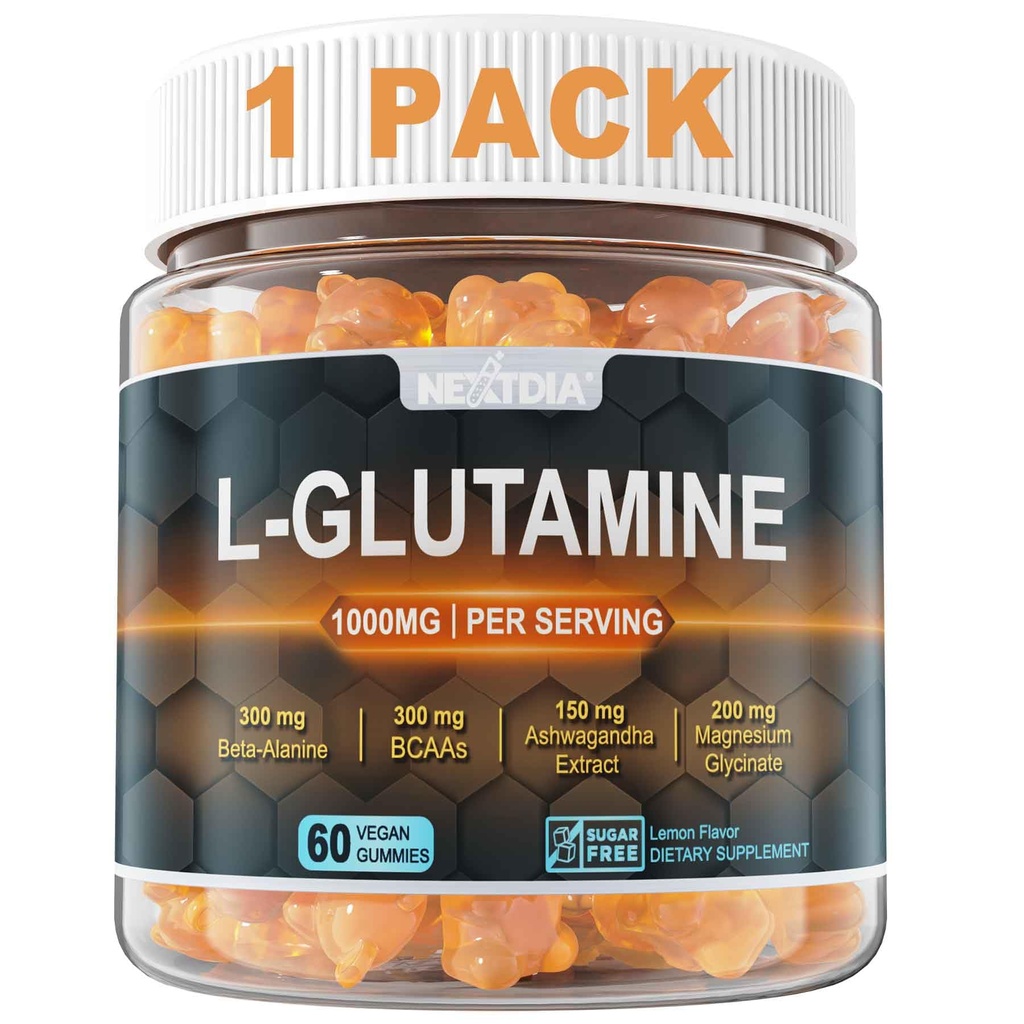Kadınlar ve Erkekler için L-Glutamine 1000 mg Gummies, Beta-Alanine, BCAAs, Magnezyum Glycinate, Pyum & Ashwagandha | Vegan | Sugar-Free & Extra-Chewy | 60 Counts