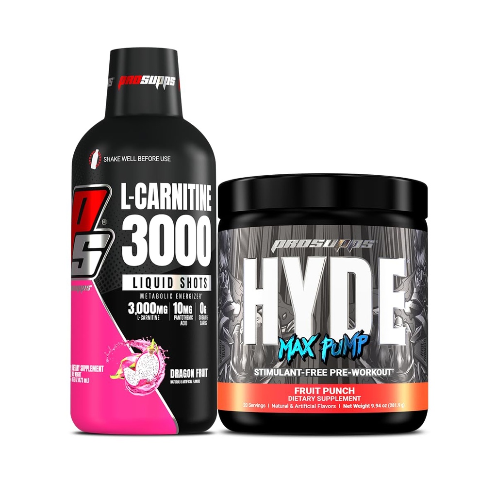 PROSUPPS L-Carnitine 3000 Stimulant Ücretsiz Sıvı Shots (Dragon Meyvesi) ve Hyde Max Pump Pre Workout for Men and Women (Fruit Punch)