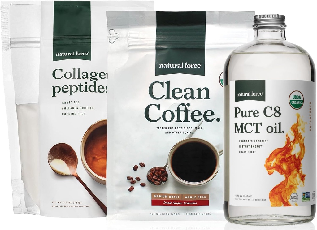 Doğal Kuvvet Organik Temiz Kahve, Collagen, ve Pure C8 MCT Oil Sche – Toxin Free Coffee, Grass Fed Collagen, & MCTs - Non-GMO, Keto, & Paleo - 12 Oz, 11.7 Oz, 32 Oz