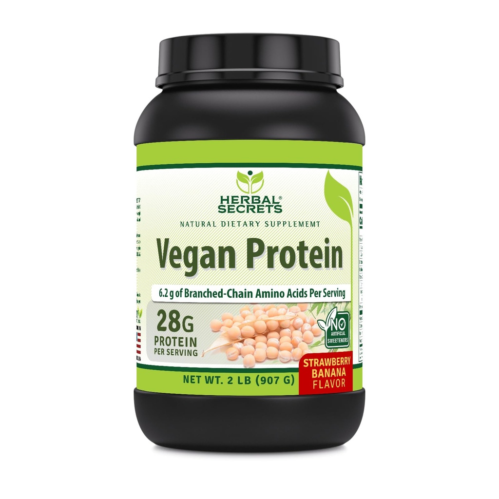 Herbal Sırları Vegan Protein | 28 Grams Protein | 23 Hizmet | 6.2 Grams BCAA Supplement | ABD'de Yapıldı (2 Lb, Strawberry Banana)
